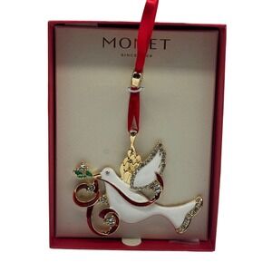 Monet 2025 Christmas Ornament White Dove Gold Tone Enamel Rhinestone RPCHN010023
